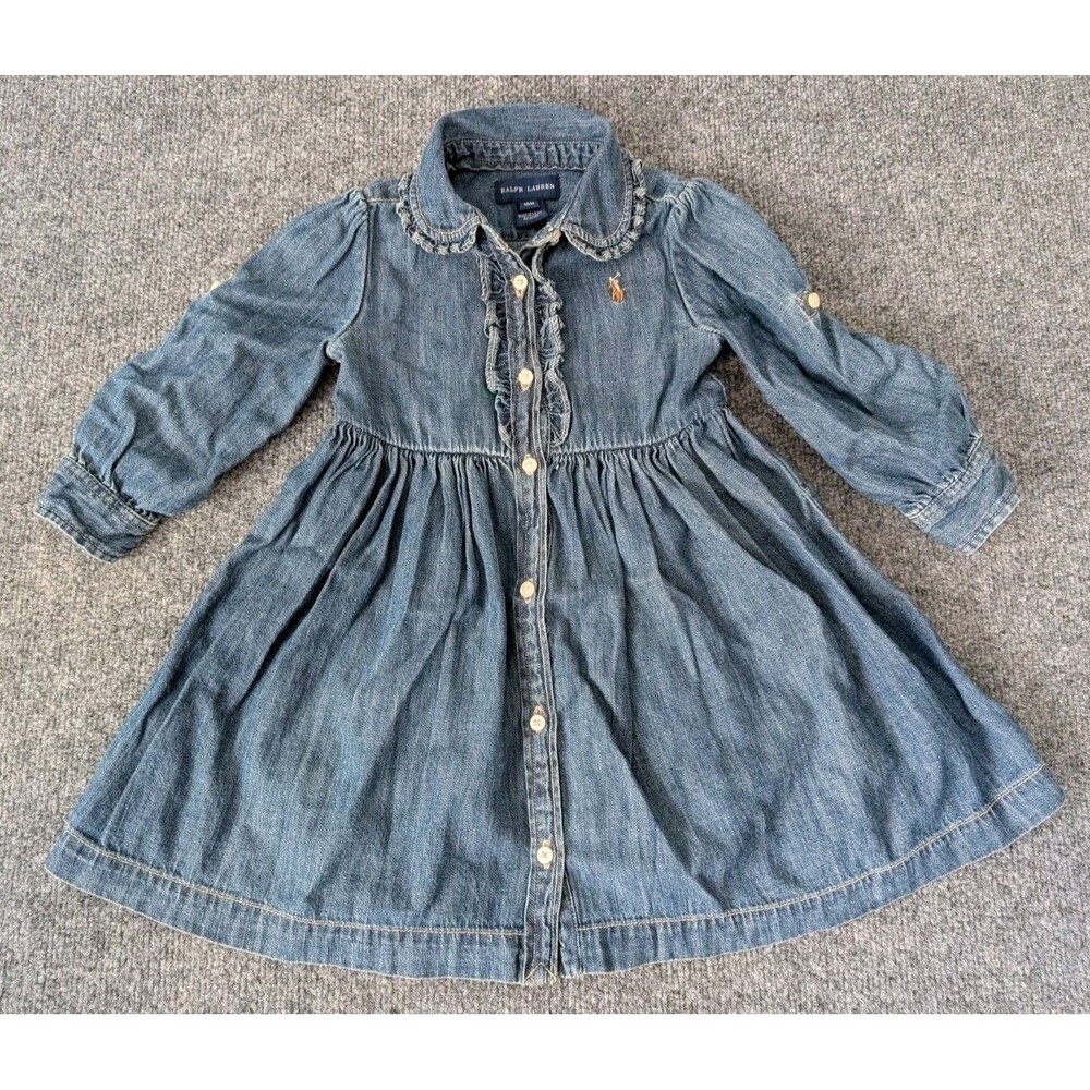 Ralph Lauren Girls Blue Denim Shirt Dress 18 Months Long Sleeve Button Polo Pony